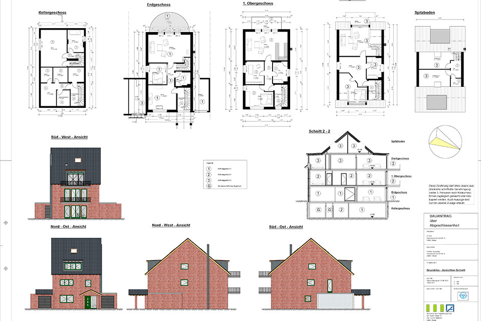 Ansichten und Grundrisse einer Bestandsplanung